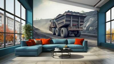 Mining industry, heavy truck moving coal on black soil Wall mural