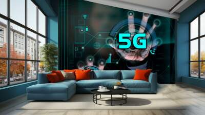 5G for business and technology, speed, signal, network, technology, big data, Vector minimal infographic, touch. Wall mural