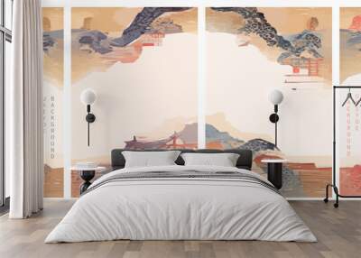 Set of Japanese background. Ukiyoe traditional illustration of landscape, mountains, pagoda, Sakura. Wall mural