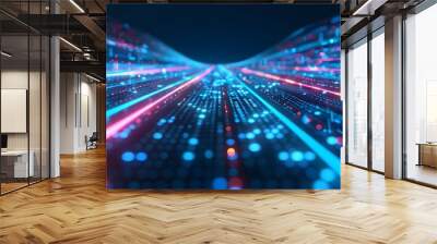 Abstract futuristic technology background of global high speed digital data transfer, ultra fast broadband and connection, digital cyber tech motion with neon lights Wall mural