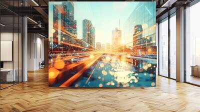 Digital Convergence in a Modern City at Sunset, Abstract banner background Wall mural