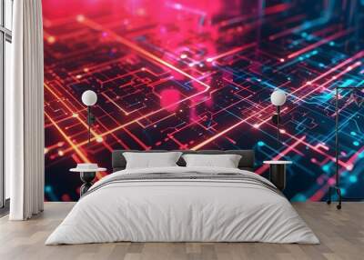 Digital futuristic technology abstract banner background electronic circuit line illuminated by vibrant neon lights, forming a dynamic and interconnected network of systems Wall mural