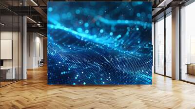 Futuristic digital wave technology banner background with neon blue vibrant lights and geometric patterns Wall mural