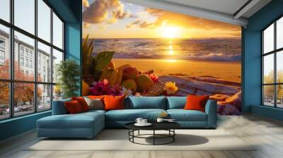 Tropical Beach Picnic with Fruits during Sunset, Beautiful Sunrise on the Beach with Flowers, To convey a sense of relaxation, leisure, and healthy living in a tropical paradise Wall mural