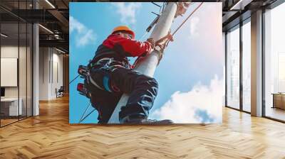 Electrical technician working on an electric pole. Wall mural