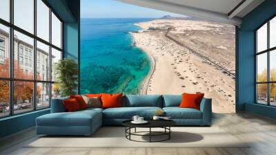 Panoramic high angle aerial drone view of Corralejo National Park (Parque Natural de Corralejo) with sand dunes located in the northeast corner of the island of Fuerteventura, Canary Islands, Spain. Wall mural