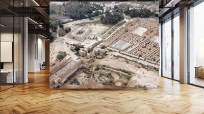 Restored ruins of the South palace of Nebuchadnezzar in ancient Babylon, Iraq on the right. Ruins of the North palace damaged by US occupation on the left. Beyond Processional Street is Ninmah temple. Wall mural