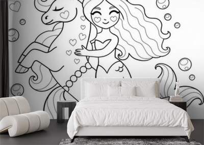 Beautiful mermaid princess with kelpie horse. Vector outline for coloring page Wall mural