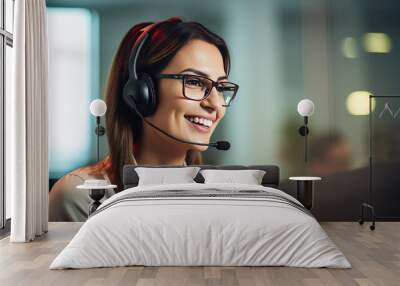 Female Telemarketer in Headset, Consulting Online Customer on Computer in Customer Support Office. Generative AI Wall mural