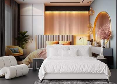 Illustration of a modern bright bedroom created with Generative AI technology Wall mural