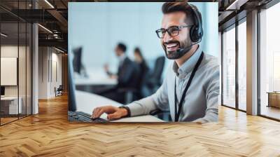 Male Telemarketer in Headset, Consulting Online Customer on Computer in Customer Support Office. generative AI Wall mural