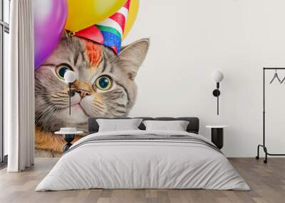 Cute fluffy cat celebrating birthday or carnival wearing party hat - Generative AI Wall mural