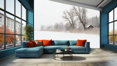 Blizzard winter landscape at frozen lake Wall mural