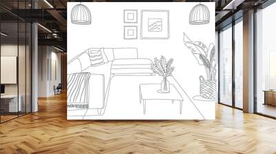 Minimalistic living room interior line art sketch drawing with a sofa, coffee table, and plants in pots and vases. Vector concept illustration of Interior. Wall mural