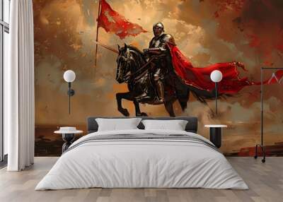 Silhouetted knight Riding  a horse in Fantastical dark atmosphere Sky Wall mural