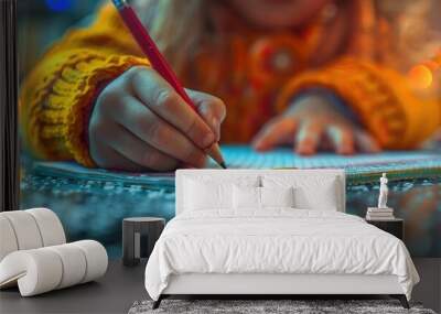 close up child uses pencils to draw Wall mural