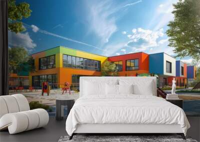 colorful preschool building exterior on sunny day Wall mural