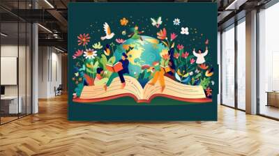 People celebrate Literacy Day by reading books on the Earth. flat vector illustration background. Wall mural