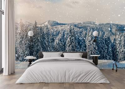 Beautiful view at winter mountains landscape with fir trees covered by snow. Vivid white spruces on a snowy day.  Alpine ski resort. Winter greeting card. Happy New Year, toning Wall mural