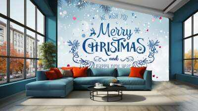 Blue Christmas and New Year Text on snow Xmas background with fir branches, snowflakes, light, stars. Merry Christmas card. Vector Illustration, realistic vector Wall mural