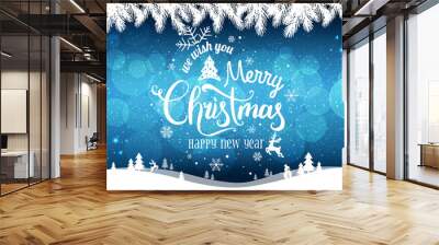 Christmas and New Year typographical on holidays background with snowflakes, light, stars. Xmas card. Wall mural