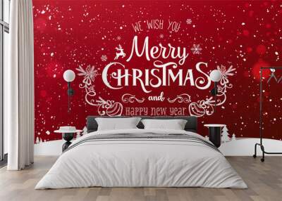 Christmas and New Year Typographical on snowy Xmas background with winter landscape with snowflakes, light, stars. Merry Christmas card. Vector Illustration Wall mural