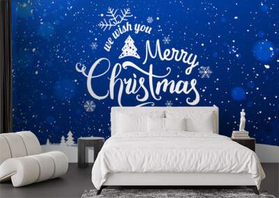 Christmas and New Year Typographical on snowy Xmas background with winter landscape with snowflakes, light, stars. Wall mural