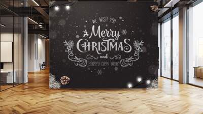 Creative frame made of silver Christmas fir branches. Silver Merry Christmas and New Year Text on dark background with lights, pine cones. Xmas and New Year card. Vector Illustration Wall mural