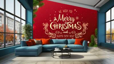 Gold Christmas and New Year Typographical on red background with garland of Christmas tree branches, snowflakes, stars. Xmas and New Year card. Vector Illustration Wall mural