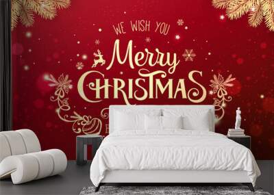 Gold Christmas and New Year Typographical on red Xmas background with winter landscape with snowflakes, light, stars. Merry Christmas card. Vector Illustration Wall mural