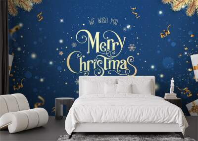 Gold Merry Christmas and New Year text on blue holiday background with gold gift boxes, fir branches, ribbons, decoration, sparkles, confetti, bokeh, light. Xmas card. Vector Illustration Wall mural