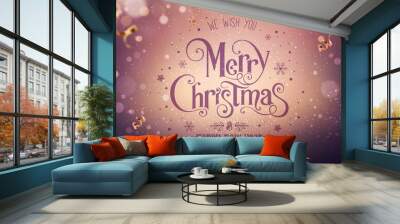 Merry Christmas and New Year text lettering on dark holiday background with gold ribbons, sparkles, glitter gold confetti, bokeh and glowing lights. Xmas card. Vector Illustration banner Wall mural