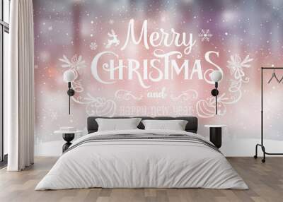 Merry Christmas and New Year typographical on holidays background with winter landscape with snowflakes, light, stars. Vector Illustration. Xmas card Wall mural