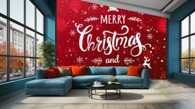 Merry Christmas and New Year typographical on red holiday background  with snowflakes, light, stars. Xmas card. Vector Illustration Wall mural