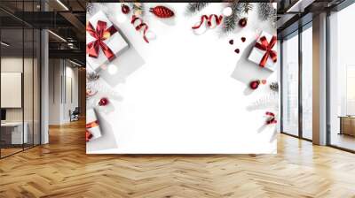 Merry Christmas card made of fir branches, gift boxes, red decoration, sparkles and confetti on white background. Xmas and New Year holiday, bokeh, light. Flat lay, top view Wall mural