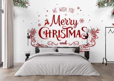 Merry Christmas text on white background with gift boxes, ribbons, red decoration, fir branches, bokeh, sparkles and confetti. Xmas and New Year greeting card, bokeh, light. Flat lay, top view Wall mural