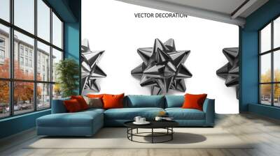 Set of bows silver, grey and black color metallic with shadow on isolated white background.Realistic vector decoration for holiday Wall mural