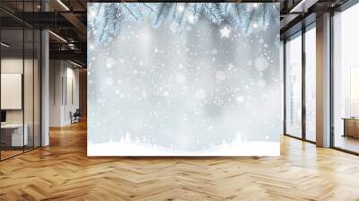 Winter Christmas background with landscape, snowflakes, light, stars. Xmas and New Year card. Vector Illustration Wall mural