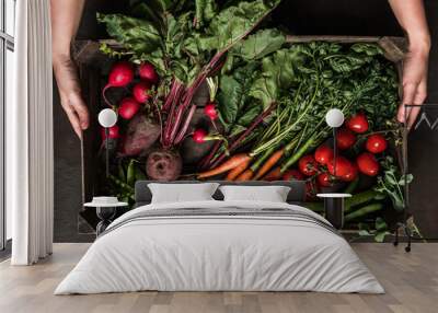 Woman hands holding wooden box with fresh vegetables on dark background. Healthy organic food, vegetables, agriculture, top view Wall mural