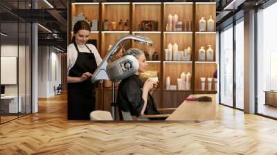 young woman under hooded dryer machine in hair salon Wall mural