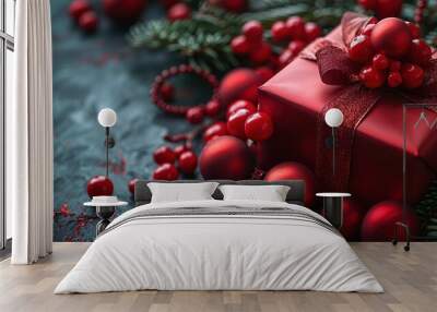 A beautifully wrapped red gift surrounded by festive decorations during the holiday season Wall mural