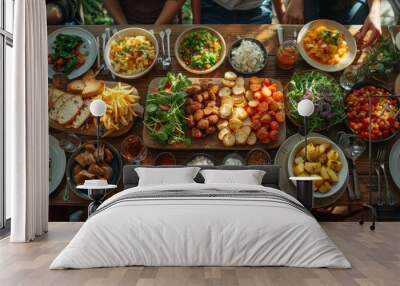 A Bountiful Spread of Food on a Rustic Wooden Table Wall mural