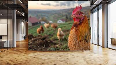 A close-up of a hen with a farm landscape in the background during twilight in a rural setting Wall mural