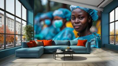 A Female Healthcare Worker in Protective Gear Stands During a Medical Event Wall mural