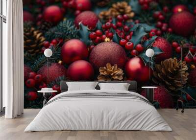 A festive arrangement of red ornaments, holly, pine cones, and berries during the holiday season Wall mural