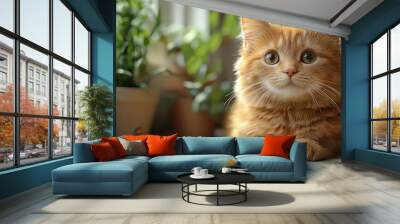 A fluffy orange cat relaxing on the floor next to potted plants and a small decorative pumpkin in a cozy indoor setting Wall mural