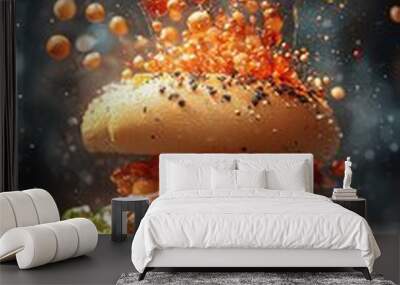 A mouthwatering burger topped with fresh ingredients and spices, dramatically splashing in the air, creating a vibrant culinary display Wall mural