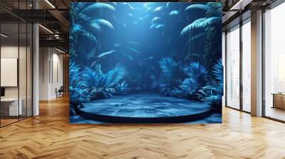 A tranquil aquatic landscape featuring lush plants and a circular platform in blue light Wall mural