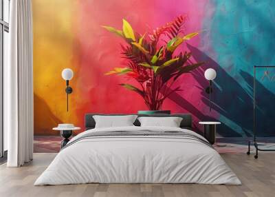 A vibrant indoor plant stands against a colorful mural featuring hues of pink, orange, and blue in a sunlit space Wall mural