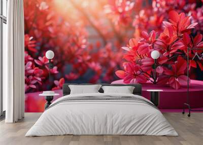 Blooming pink flowers on a circular display with soft sunlight illuminating a vibrant garden setting Wall mural